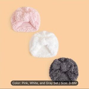 Bundle of 3 Baby Girl Fleece Cozy Bow Tie Hat - Pink White Grey NEW